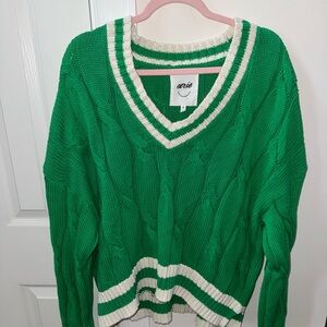 Aerie Green and White V-Neck Sweater